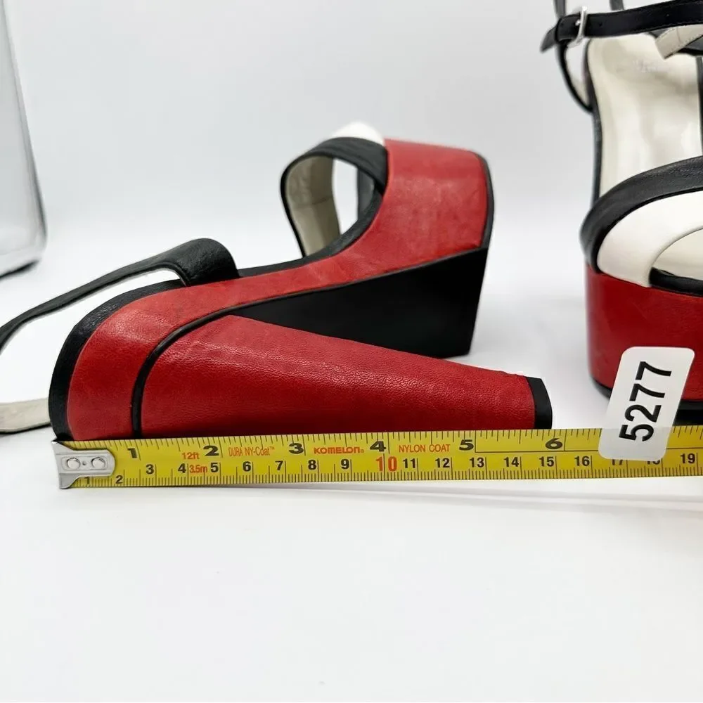 Stuart Weizmann Black Red and White Wide Strap Platform Sandals with Ankle Strap